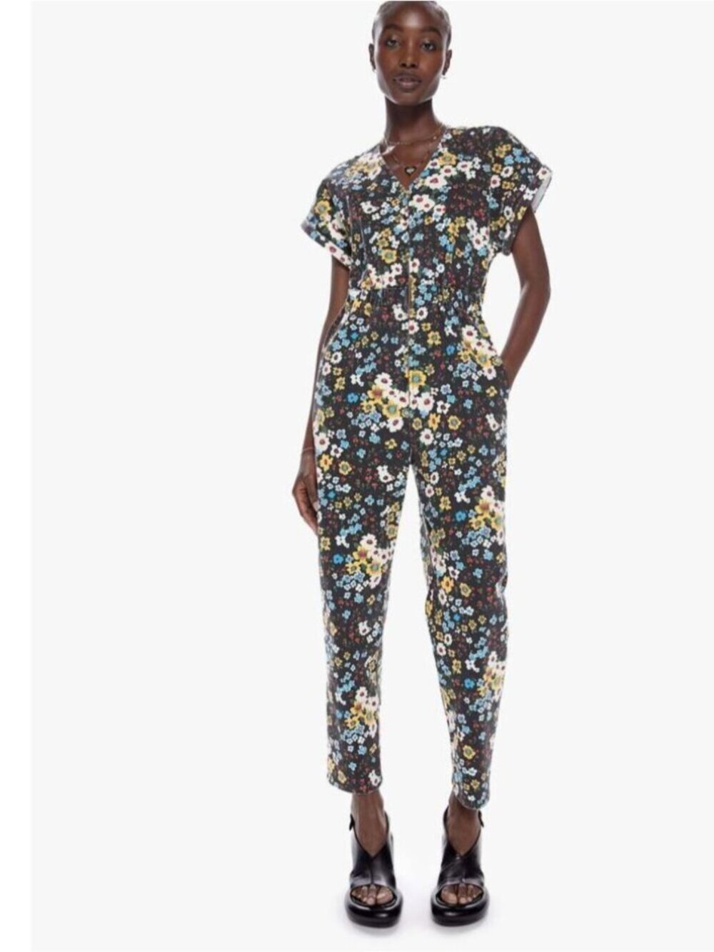 MOTHER Denim Zip Front Jumpsuit in Pushing Daisies Print